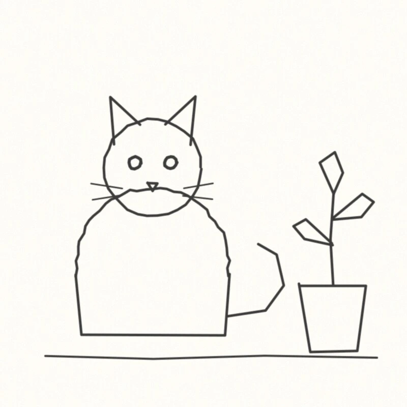 A pencil drawing of a cat and a potted plant on grainy paper, saved as a JPEG