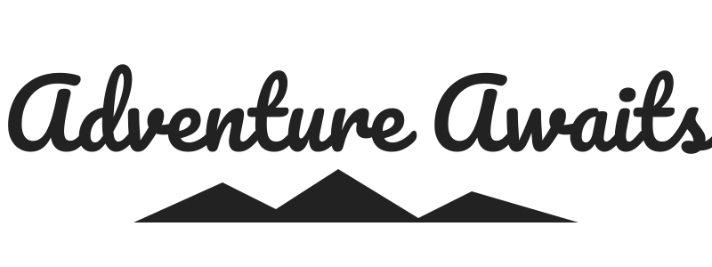 Script lettering reading Adventure Awaits above a mountain shape, saved as a one-color PNG